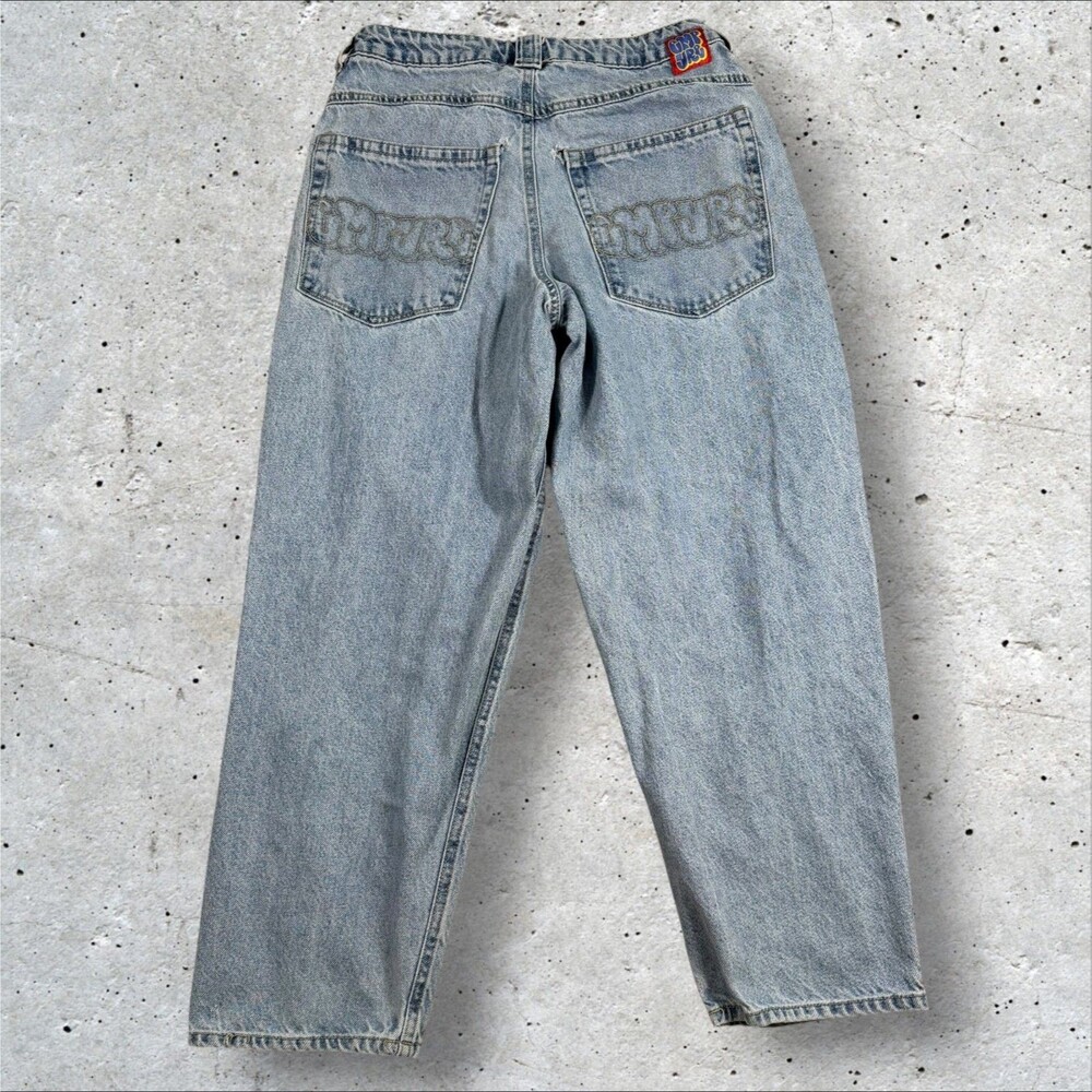Empyre Light Wash Baggy Skate Jeans Mens 30 Y2K Loose Fit Blue Embroidered Logo - Picture 3 of 10